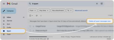 Spam emails take up storage until automatically deleted after 30 days