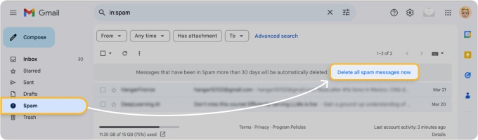 Spam emails take up storage until automatically deleted after 30 days