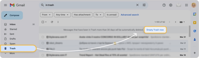 Gmail Trash keeps deleted emails for 30 days before permanent removal