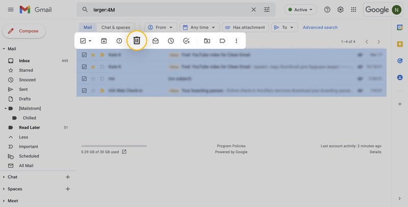 Find and delete large emails with attachments
