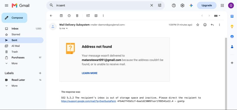 Email delivery error for an invalid address