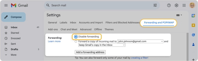 Gmail settings for checking forwarding and email filters