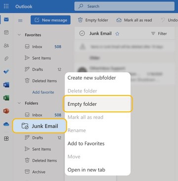 Empty the junk email folder in Outlook