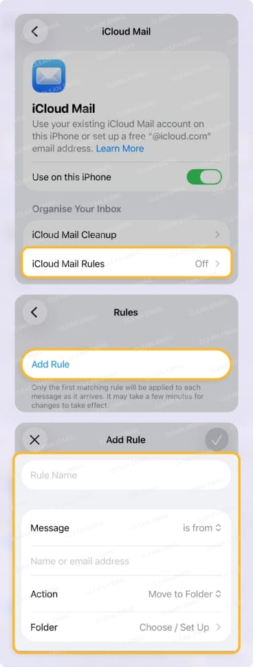 Tap iCloud Mail Rules under Organize Your Inbox