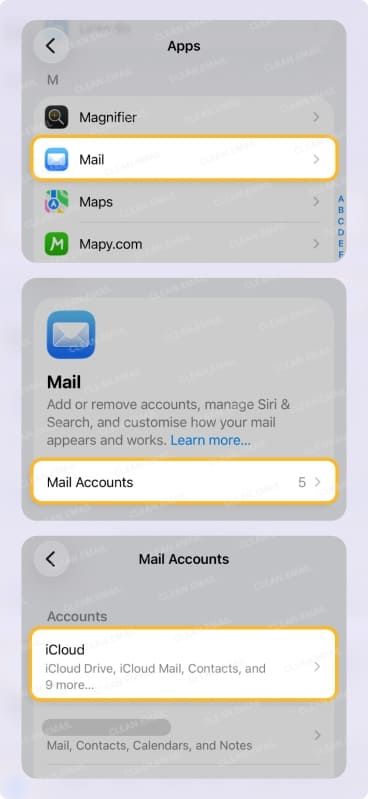 Open Mail settings, choose Mail Accounts, and select iCloud