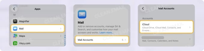 Open Mail settings, choose Mail Accounts, and select iCloud