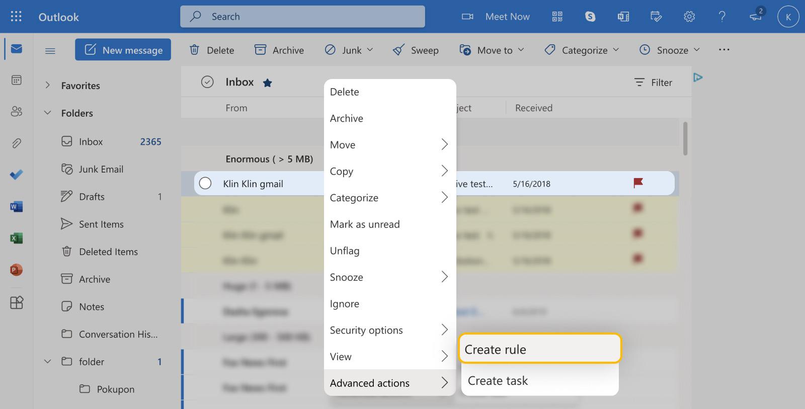outlook rules organizer email