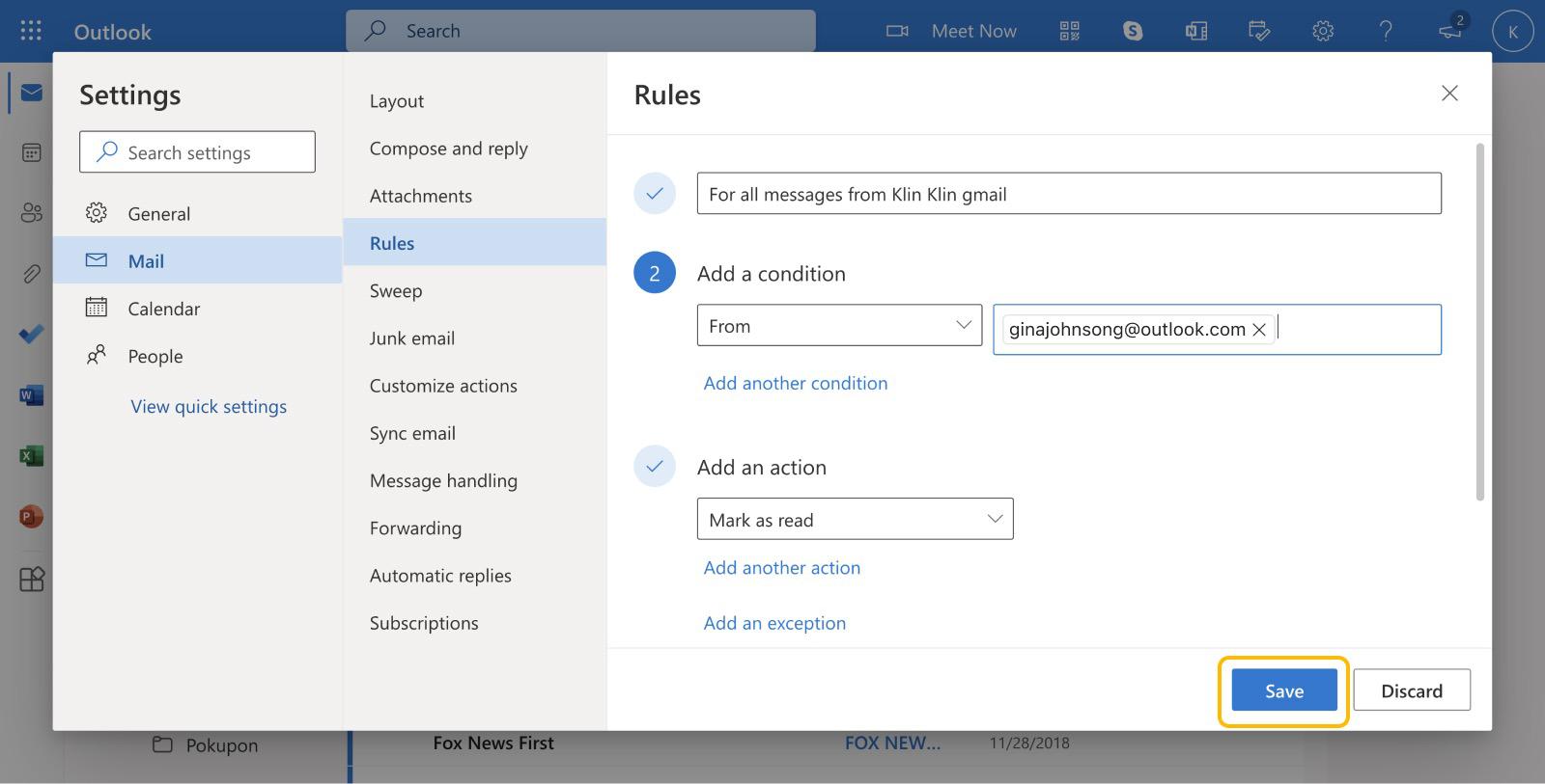 outlook delete email rules