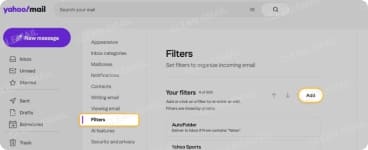Filters settings with the Add button for creating a new email filter