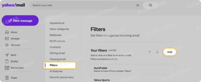 Filters settings with the Add button for creating a new email filter