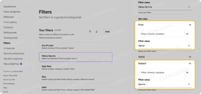 Combining From and Subject conditions in a Yahoo Mail filter