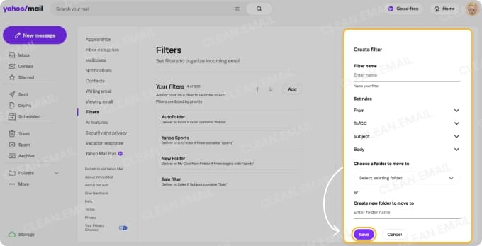 Email filter settings with name, conditions, folder, and Save options