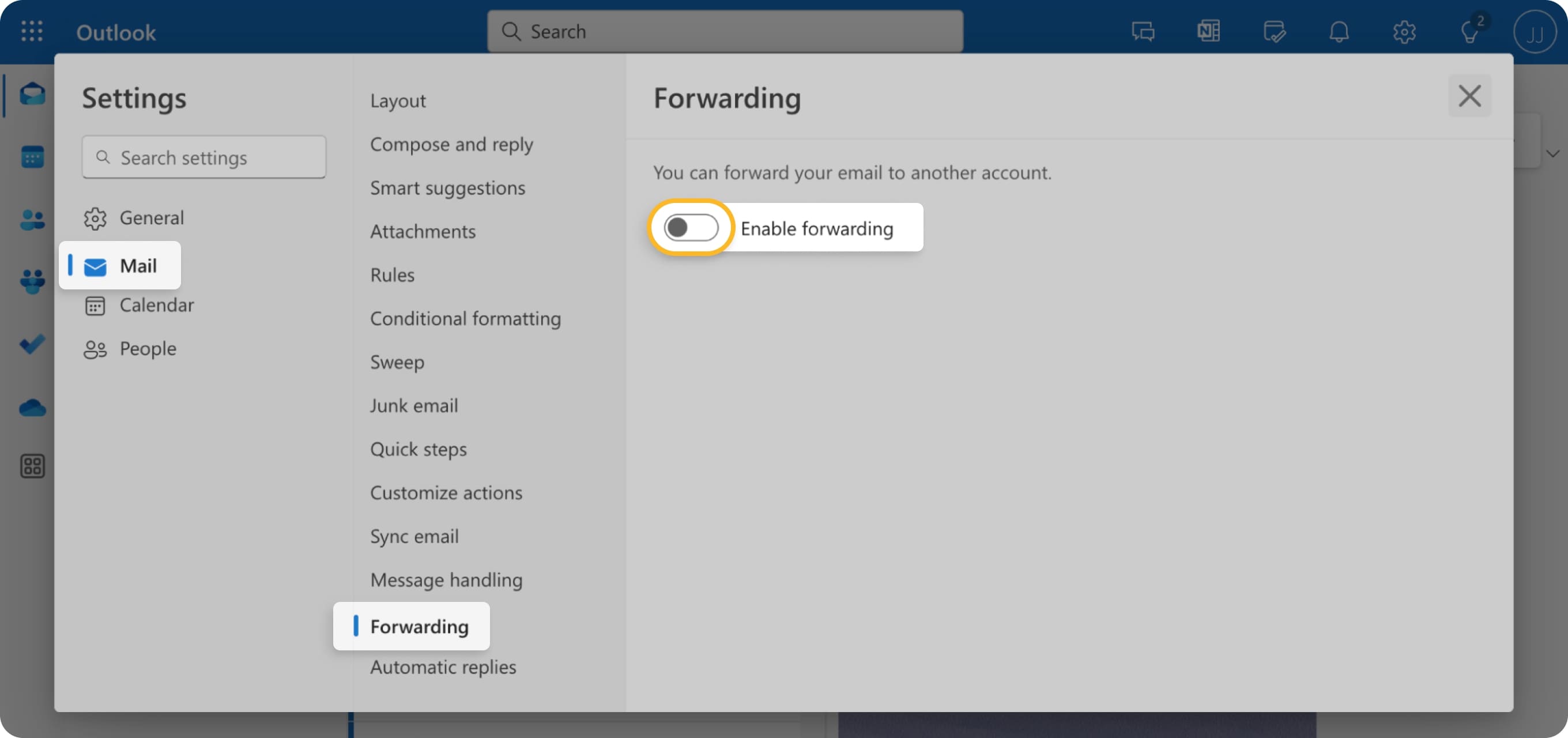 Automatic email forwarding definition setup
