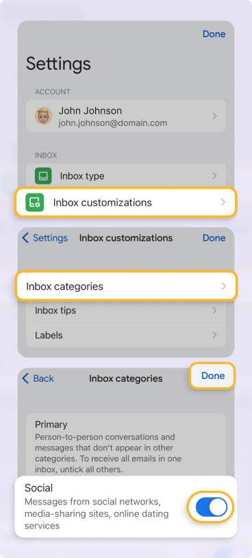 Add or remove Gmail categories by toggling the switches