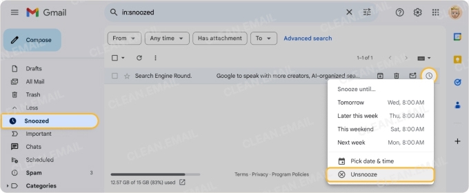 Turn off snooze in Gmail on the web