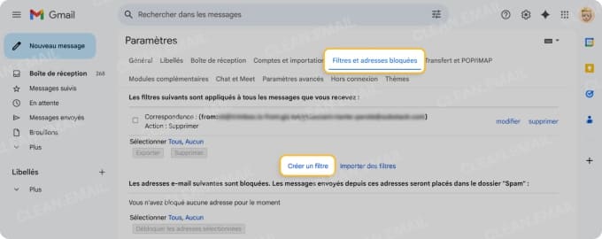Créez un nouveau filtre dans Filtres et adresses bloquées
