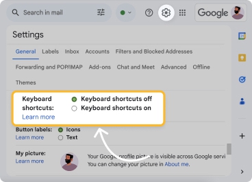 Gmail Keyboard shortcuts setting for enabling keyboard shortcuts