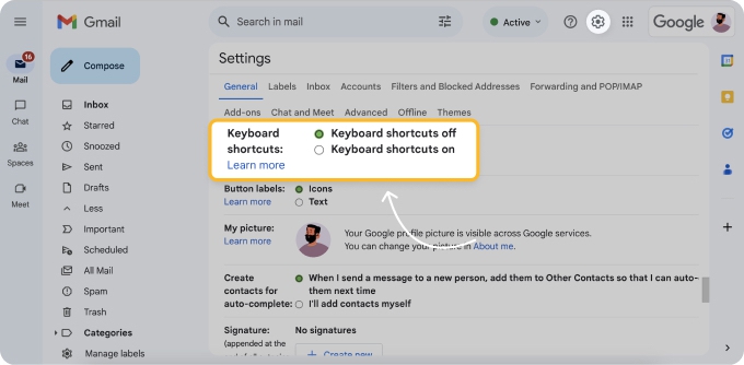 Gmail Keyboard shortcuts setting for enabling keyboard shortcuts