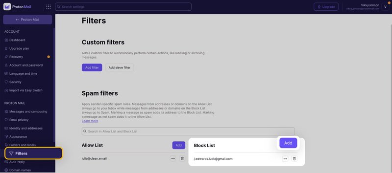 How to block emails address in ProtonMail