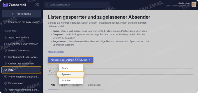 Email Adresse blockieren in ProtonMail