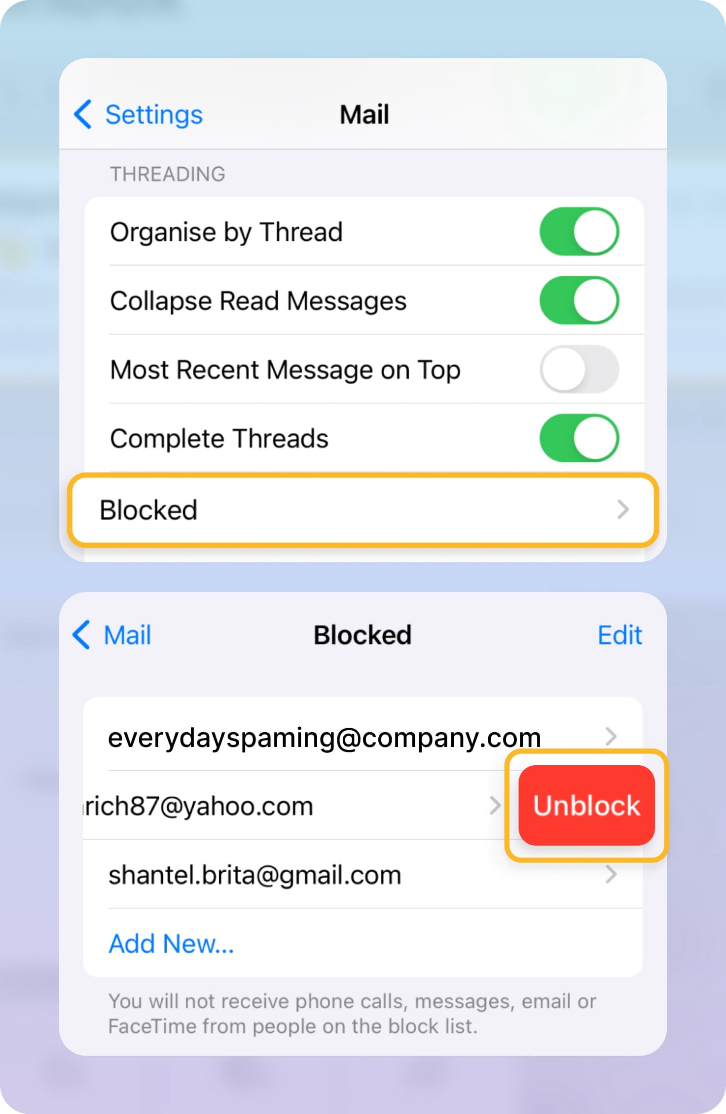 how do i block an email contact on my iphone