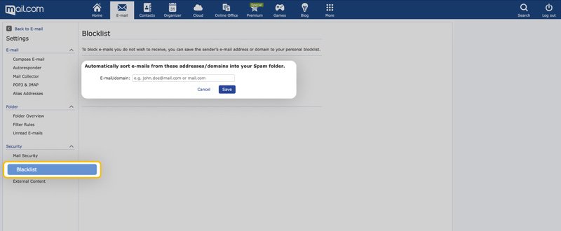 How to block emails in Mail.com