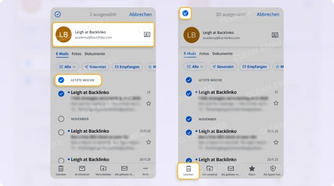 In der Yahoo Mail App Nachrichten nach Absender und Datum suchen und löschen
