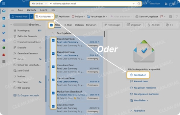 Mit ‚Alle löschen‘ die E-Mails in Gelöschte Objekte verschieben