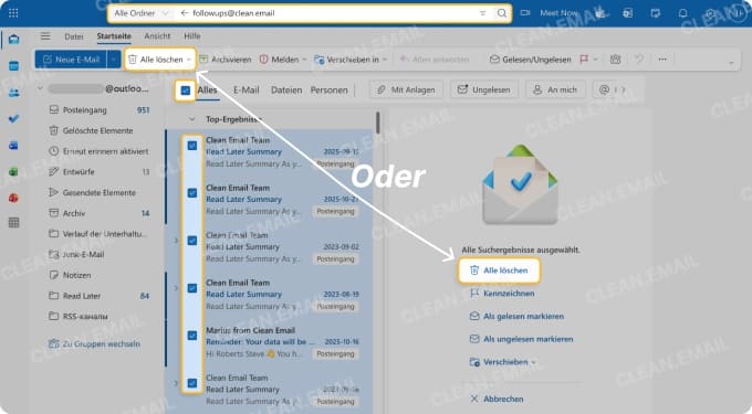 Mit ‚Alle löschen‘ die E-Mails in Gelöschte Objekte verschieben