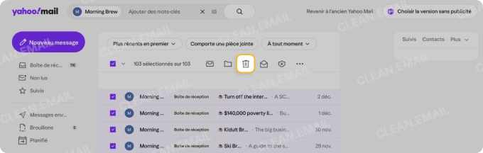 Déplacer les messages sélectionnés vers le dossier Corbeille dans Yahoo Mail