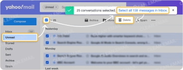 Yahoo Mail inbox showing how to delete all unread emails by selecting the Unread folder, using the Select All checkbox, clicking the link to select all messages, and pressing Delete