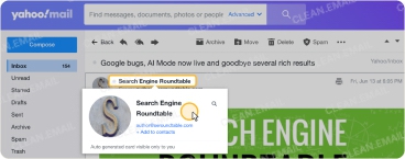 Yahoo Mail interface showing the “Delete by Sender” feature, with the sender’s name hovered to display an auto-generated sender card