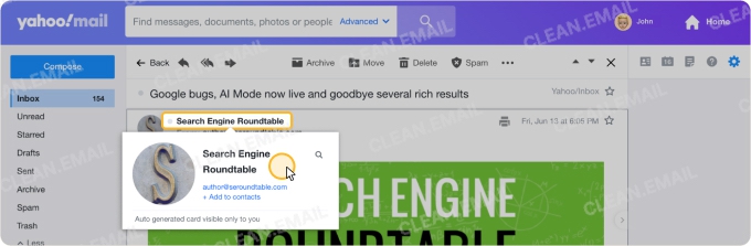 Yahoo Mail interface showing the “Delete by Sender” feature, with the sender’s name hovered to display an auto-generated sender card