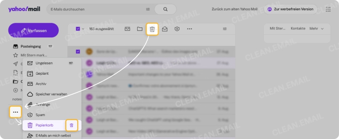 Um E-Mails endgültig zu löschen, klicken Sie auf „Papierkorb leeren“ oder warten Sie 7 Tage, bis Yahoo sie automatisch entfernt