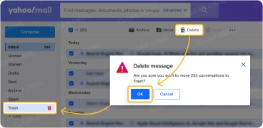 Yahoo Mail showing the delete confirmation pop-up after selecting all inbox emails, with a highlighted OK button to confirm deletion and a Trash icon for emptying the folder