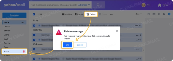 Yahoo Mail showing the delete confirmation pop-up after selecting all inbox emails, with a highlighted OK button to confirm deletion and a Trash icon for emptying the folder