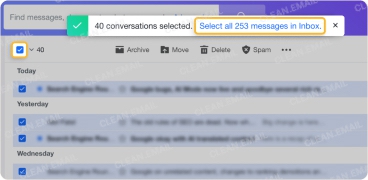 Yahoo Mail inbox showing how to select the first 40 emails with the checkbox, then click the link to select all messages in the folder