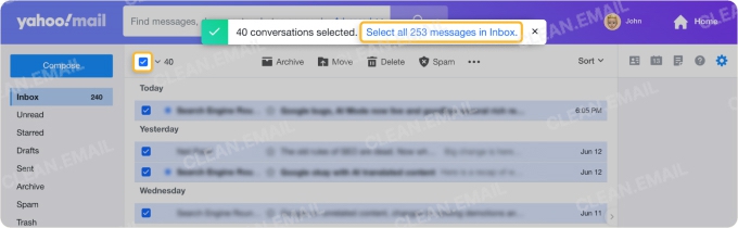 Yahoo Mail inbox showing how to select the first 40 emails with the checkbox, then click the link to select all messages in the folder