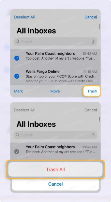 Apple Mail app on iPhone showing selected emails from All Inboxes with the option to Trash All messages at once