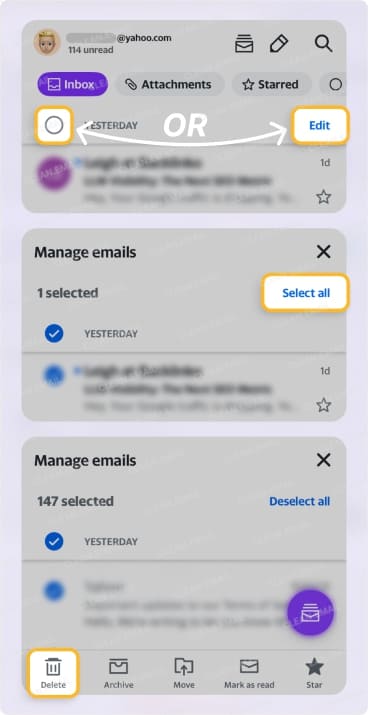Yahoo Mail mobile app showing how to select all emails in a folder using the Edit or selection button, tap Select all, and delete messages with the Trash button