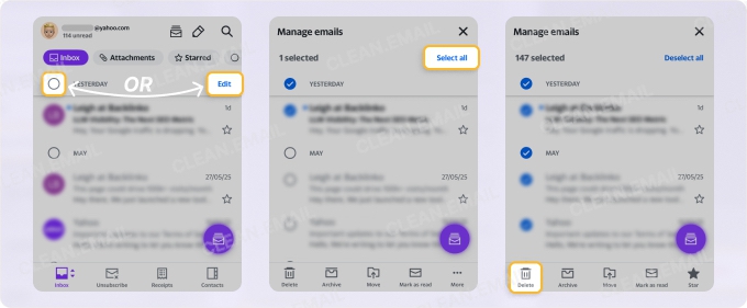 Yahoo Mail mobile app showing how to select all emails in a folder using the Edit or selection button, tap Select all, and delete messages with the Trash button