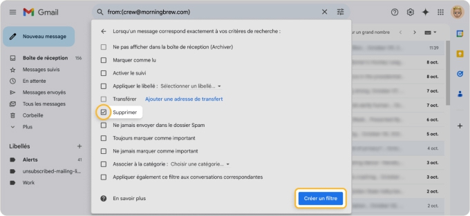Cochez Supprimer comme action, puis validez en cliquant à nouveau sur Créer un filtre