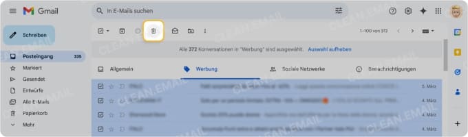 Klicken Sie auf das Symbol „Löschen“ (Papierkorb)