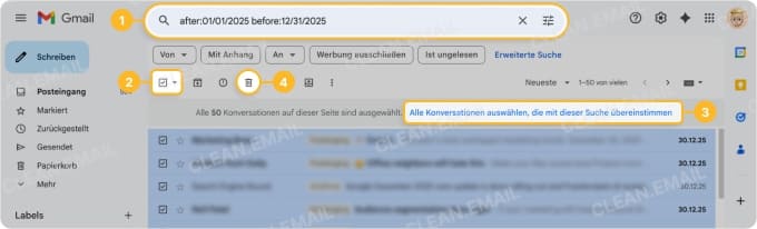 E-Mails eines bestimmten Jahres mit ‚nach‘- und ‚vor‘-Suchoperatoren finden