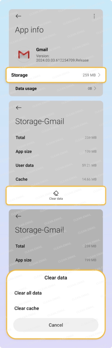 Clear Gmail cache and data