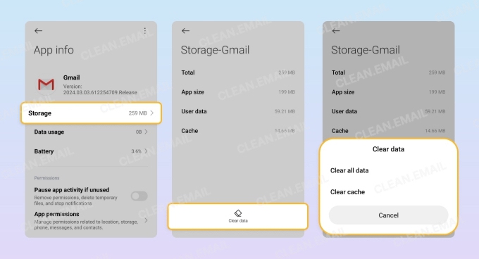 Clear Gmail cache and data