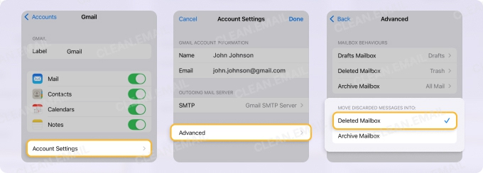 Go to Move Discarded Messages Into, and select Deleted Mailbox