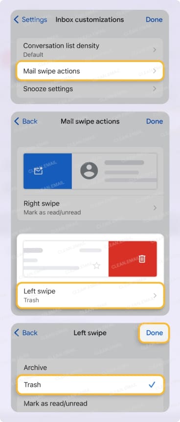 Select Right swipe or Left swipe and choose the action you want to set