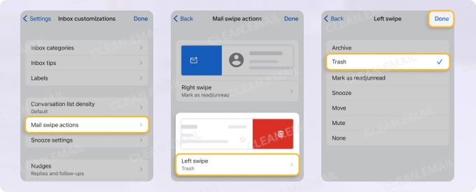 Select Right swipe or Left swipe and choose the action you want to set