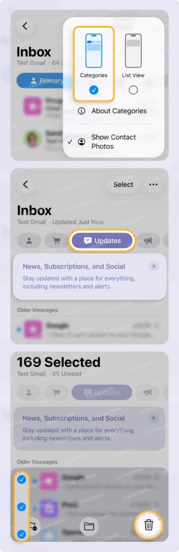 Delete emails using categories